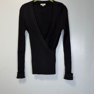 Cache Vintage Y2K Ribbed Knit Wrap Top Long Sleeve V-Neck Black Sweater  M